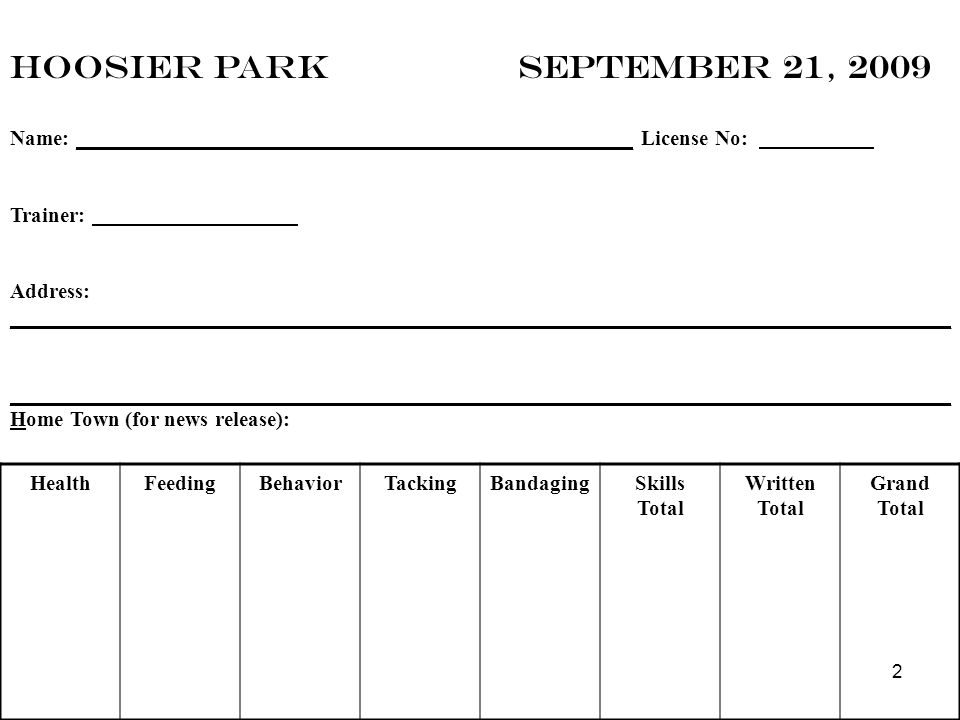 HOOSIER PARK SEPTEMBER 21, 2009 Name: ____________________________________________________ License No: Trainer: Address: ________________________________________________________________________________________ ________________________________________________________________________________________ Home Town (for news release):