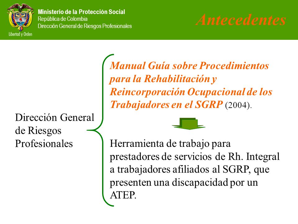 Antecedentes Manual Guía sobre Procedimientos para la Rehabilitación y Reincorporación Ocupacional de los Trabajadores en el SGRP (2004).