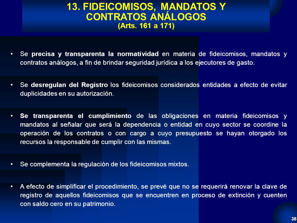 13. FIDEICOMISOS, MANDATOS Y CONTRATOS ANÁLOGOS (Arts. 161 a 171)
