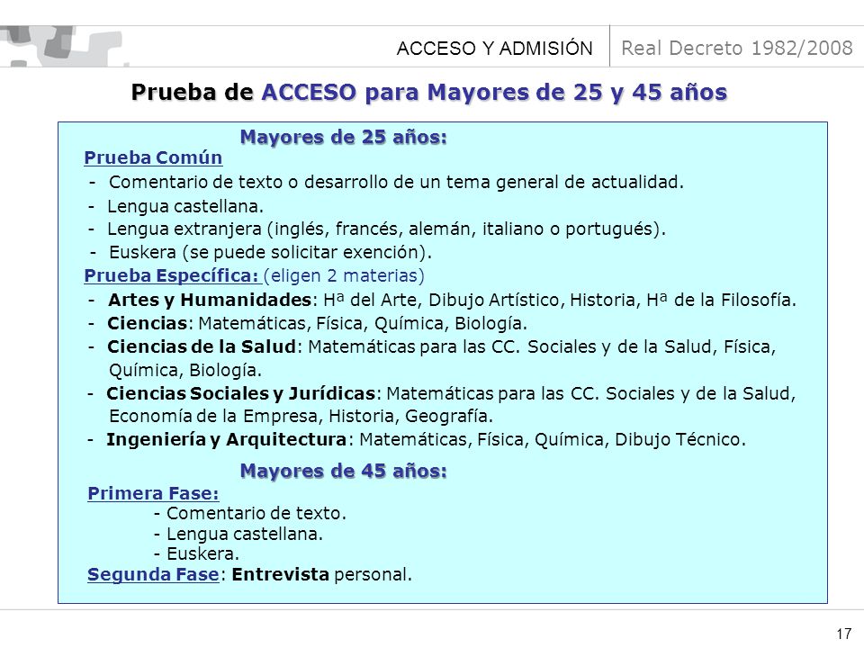Prueba de ACCESO para Mayores de 25 y 45 años
