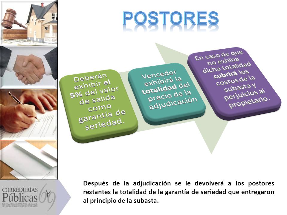 Postores Deberán exhibir el 5% del valor de salida como garantía de seriedad. Vencedor exhibirá la totalidad del precio de la adjudicación.