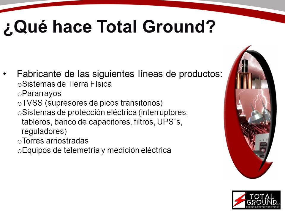 ¿Qué hace Total Ground Fabricante de las siguientes líneas de productos: Sistemas de Tierra Física.
