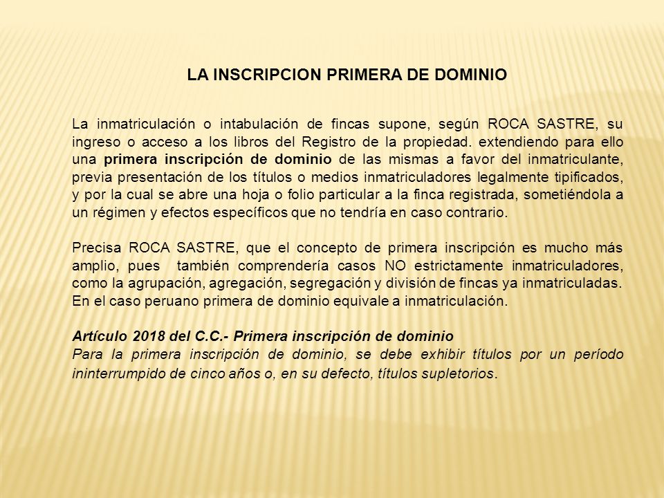LA INSCRIPCION PRIMERA DE DOMINIO