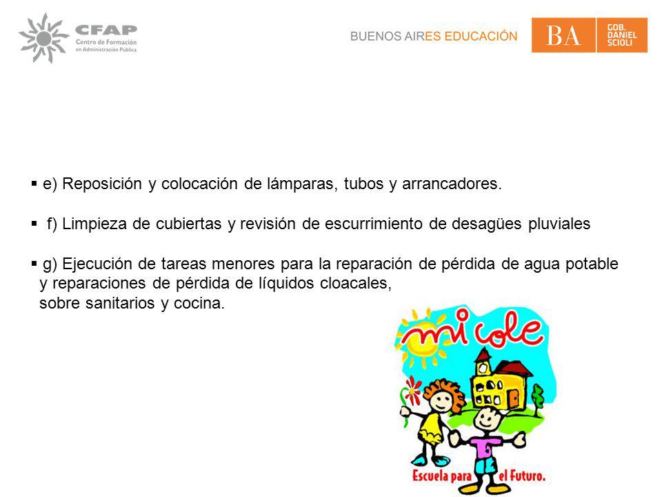 e) Reposición y colocación de lámparas, tubos y arrancadores.