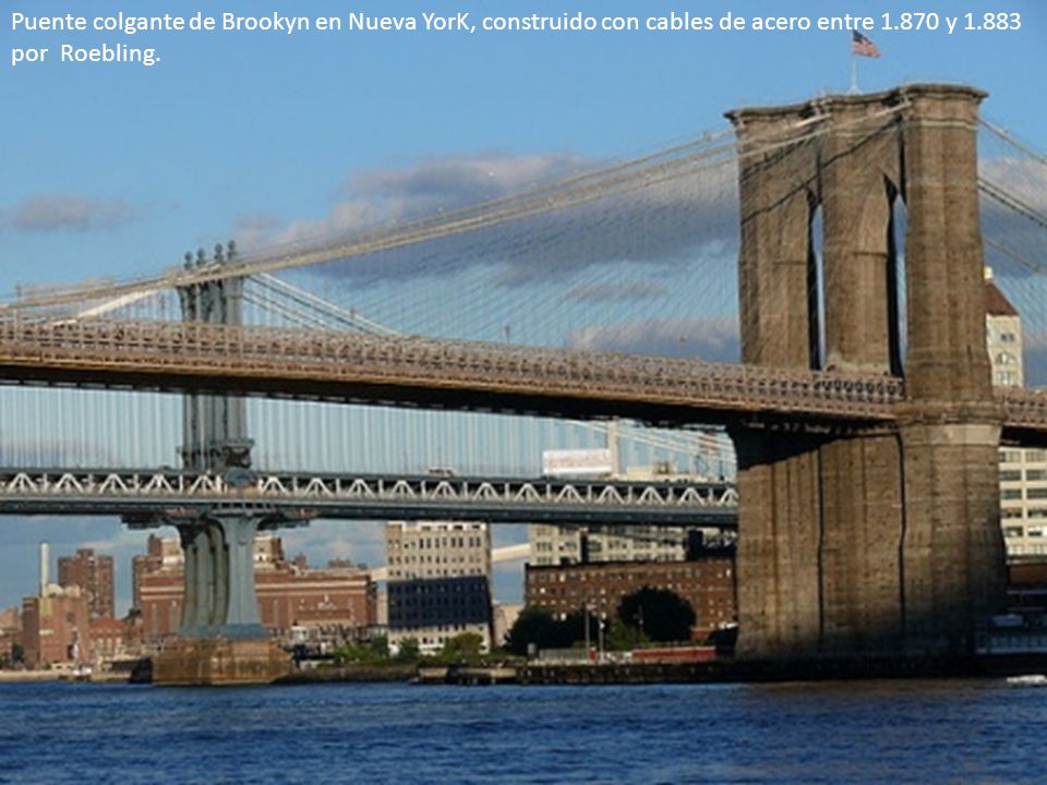 Puente colgante de Brookyn en Nueva YorK, construido con cables de acero entre y por Roebling.