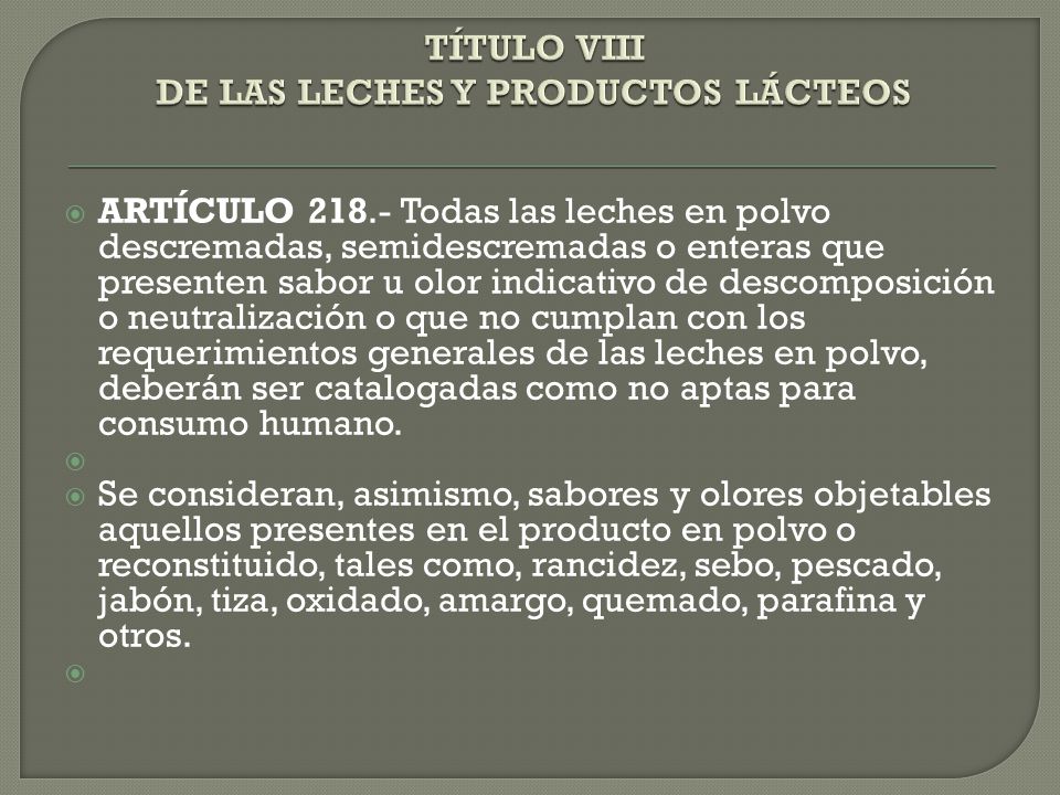 TÍTULO VIII DE LAS LECHES Y PRODUCTOS LÁCTEOS
