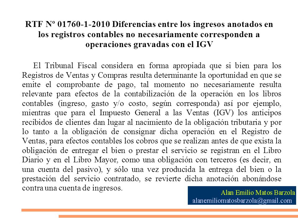 RTF Nº Diferencias entre los ingresos anotados en los registros contables no necesariamente corresponden a operaciones gravadas con el IGV