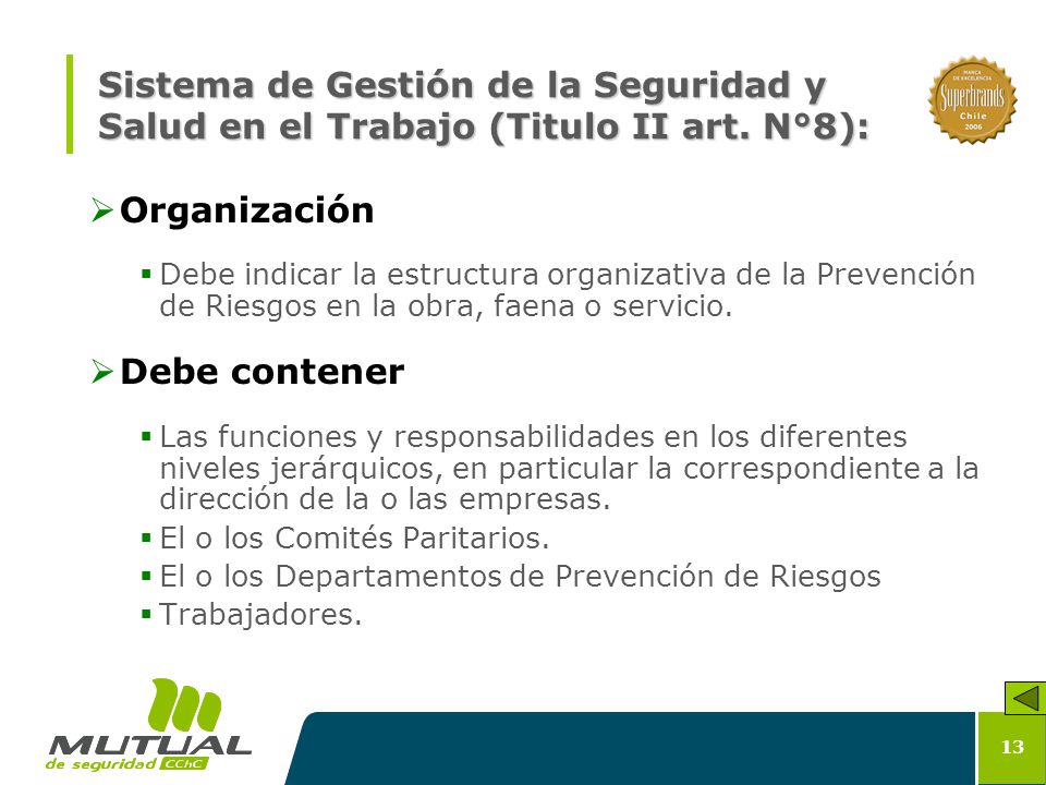 Sistema de Gestión de la Seguridad y Salud en el Trabajo (Titulo II art. N°8):