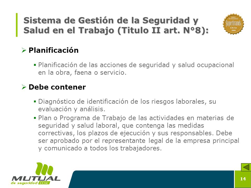 Sistema de Gestión de la Seguridad y Salud en el Trabajo (Titulo II art. N°8):