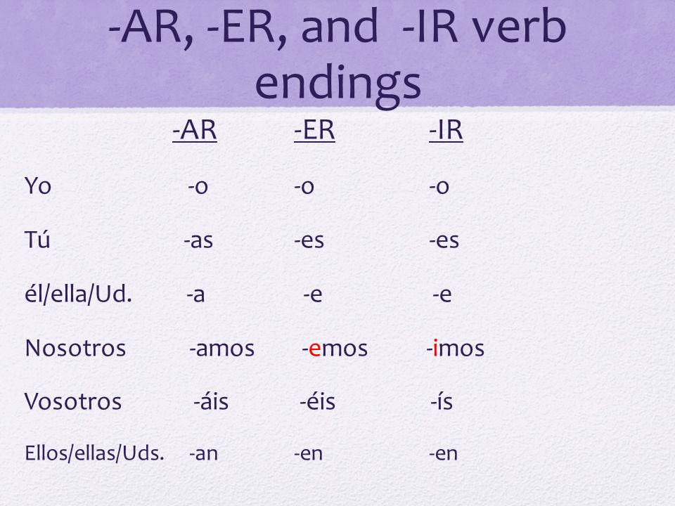 -AR, -ER, and -IR verb endings