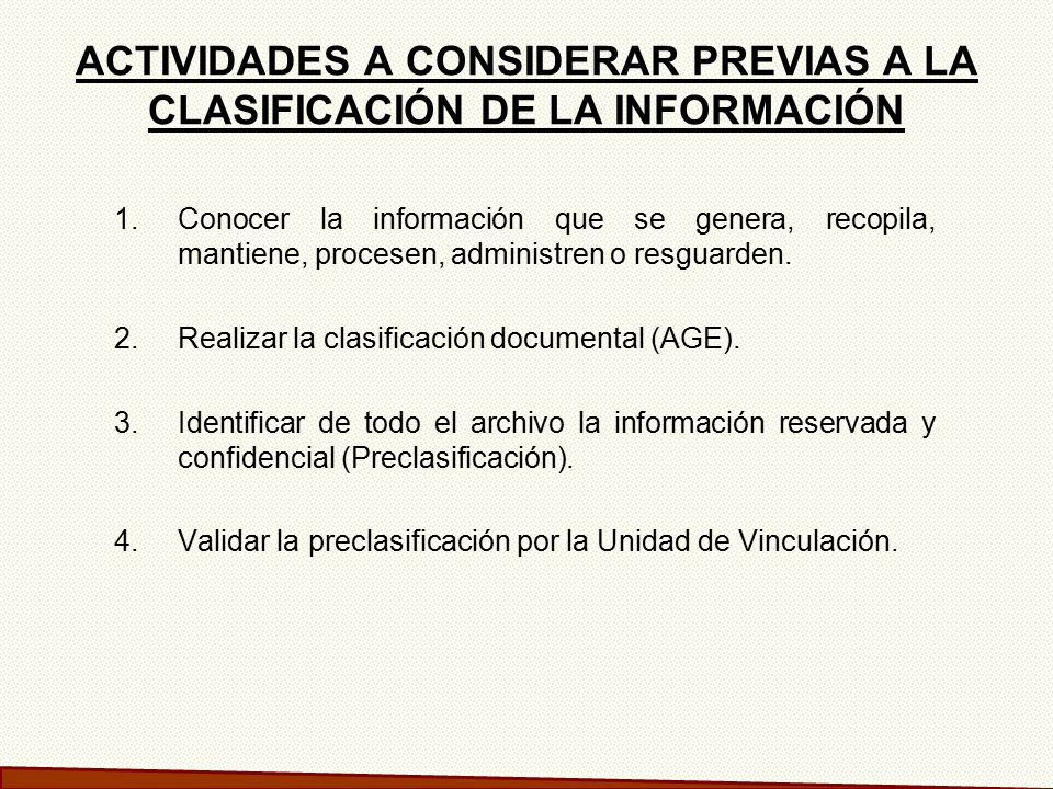 ACTIVIDADES A CONSIDERAR PREVIAS A LA CLASIFICACIÓN DE LA INFORMACIÓN