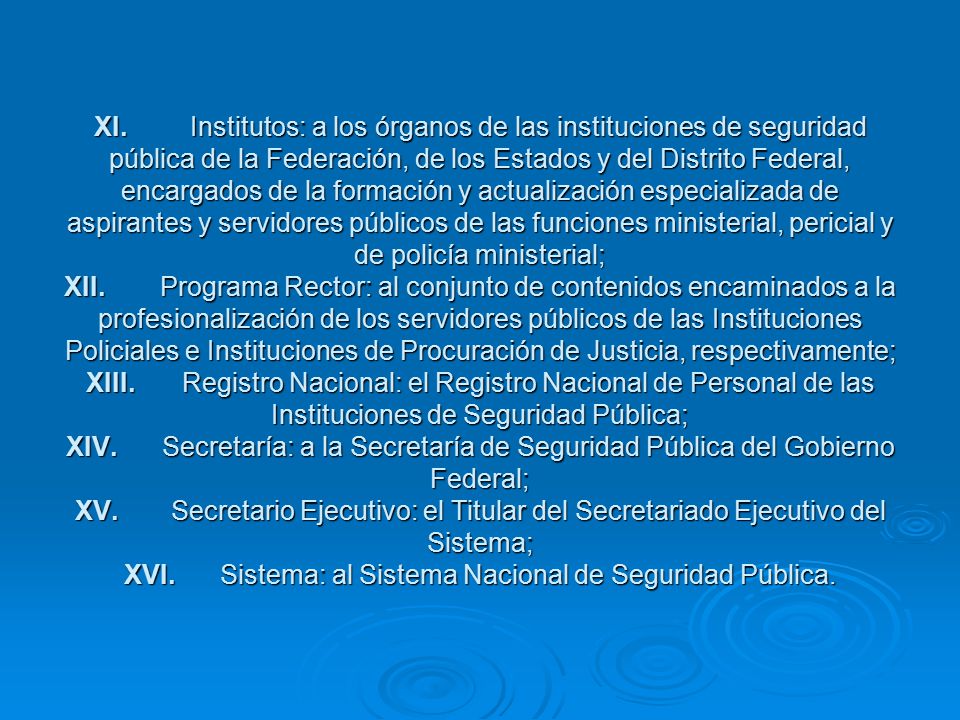 XI. Institutos: a los órganos de las instituciones de seguridad pública de la Federación, de los Estados y del Distrito Federal, encargados de la formación y actualización especializada de aspirantes y servidores públicos de las funciones ministerial, pericial y de policía ministerial; XII. Programa Rector: al conjunto de contenidos encaminados a la profesionalización de los servidores públicos de las Instituciones Policiales e Instituciones de Procuración de Justicia, respectivamente; XIII. Registro Nacional: el Registro Nacional de Personal de las Instituciones de Seguridad Pública; XIV. Secretaría: a la Secretaría de Seguridad Pública del Gobierno Federal; XV. Secretario Ejecutivo: el Titular del Secretariado Ejecutivo del Sistema; XVI. Sistema: al Sistema Nacional de Seguridad Pública.