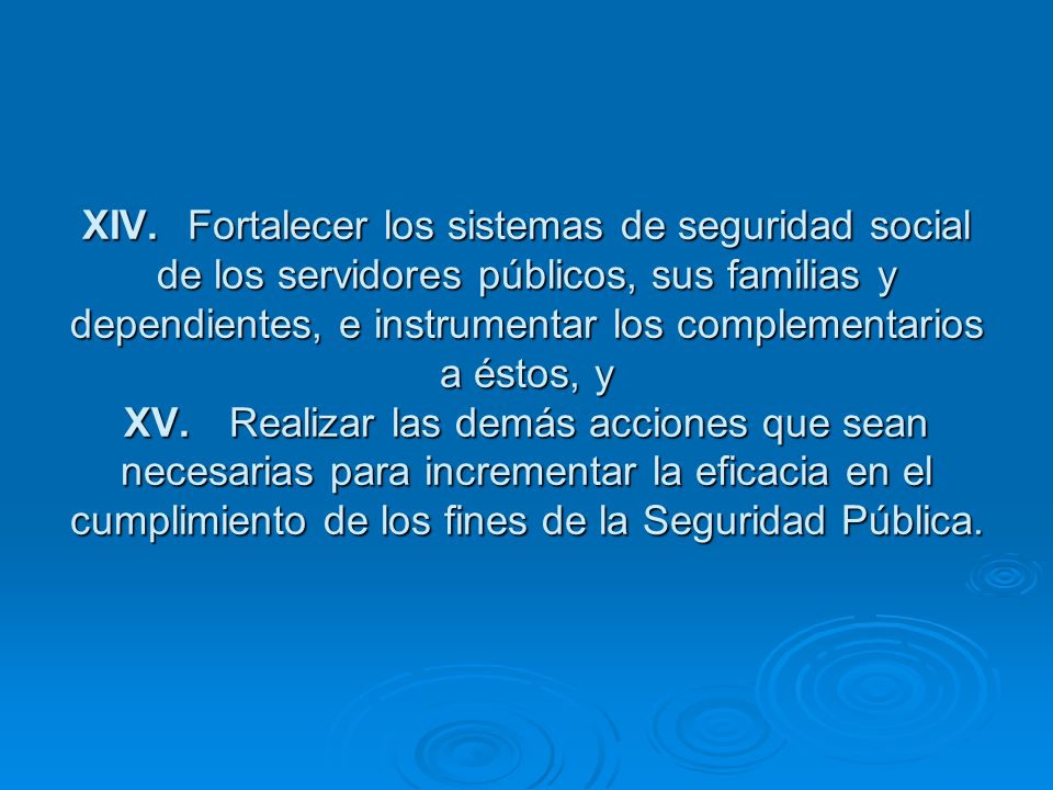 XIV. Fortalecer los sistemas de seguridad social de los servidores públicos, sus familias y dependientes, e instrumentar los complementarios a éstos, y XV. Realizar las demás acciones que sean necesarias para incrementar la eficacia en el cumplimiento de los fines de la Seguridad Pública.