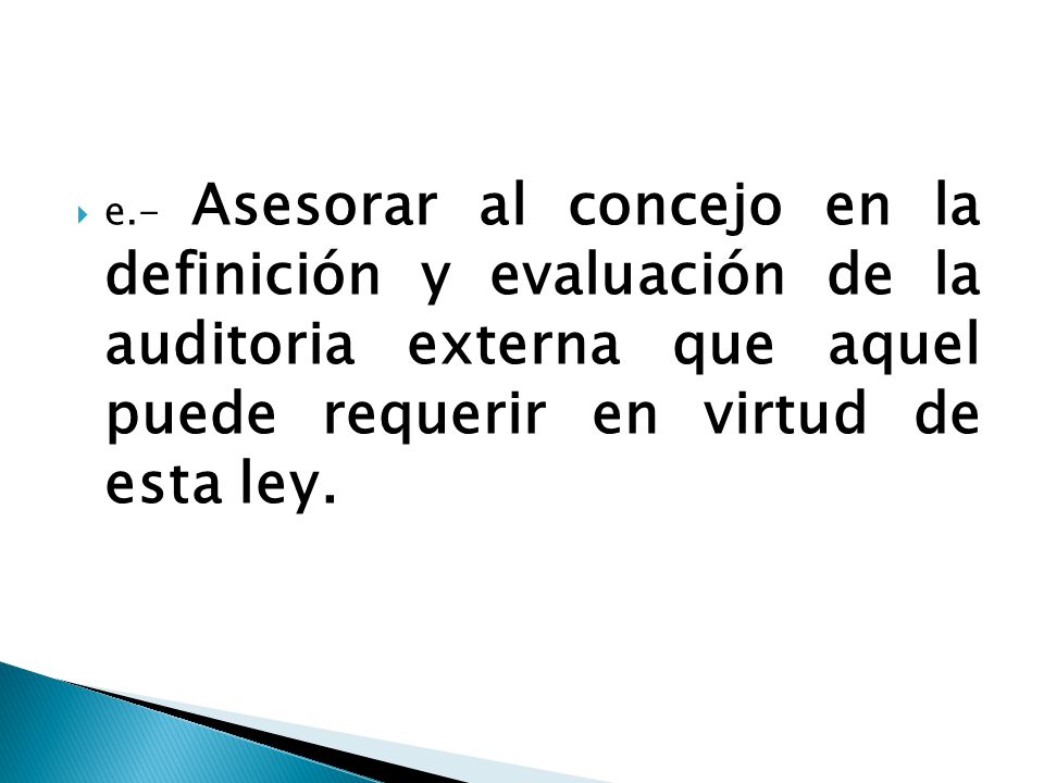 e.- Asesorar al concejo en la definición y evaluación de la auditoria externa que aquel puede requerir en virtud de esta ley.