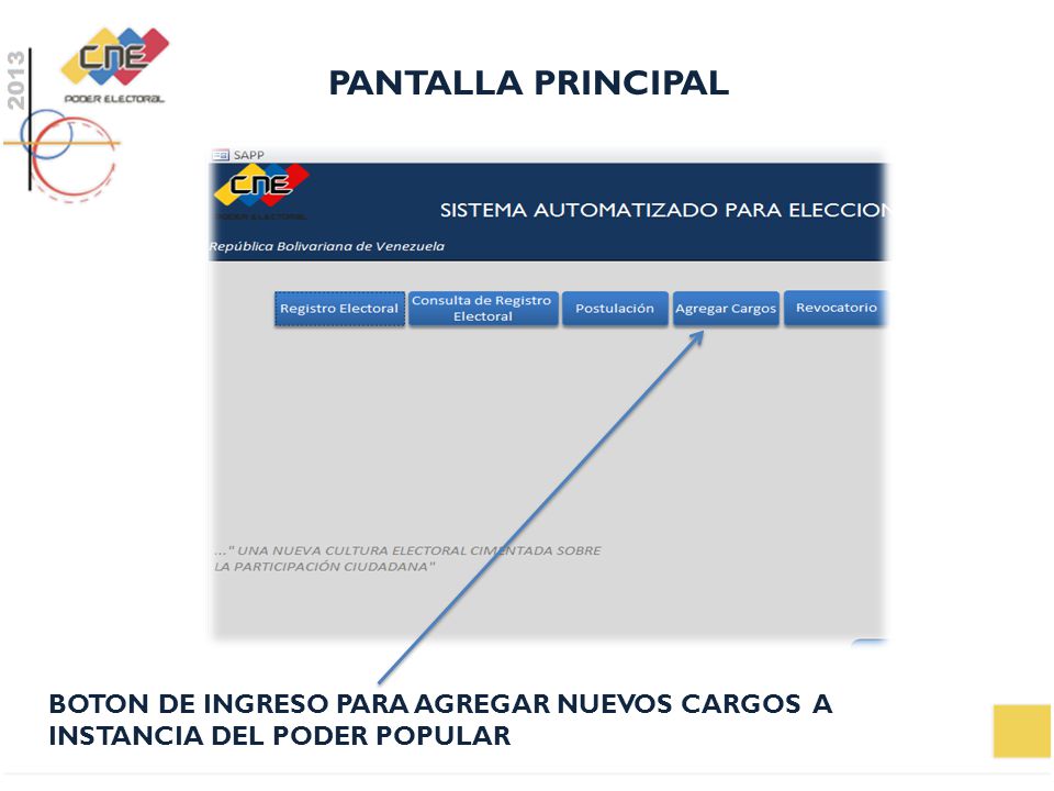 PANTALLA PRINCIPAL BOTON DE INGRESO PARA AGREGAR NUEVOS CARGOS A INSTANCIA DEL PODER POPULAR