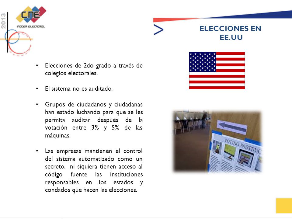 ELECCIONES EN EE.UU. Elecciones de 2do grado a través de colegios electorales. El sistema no es auditado.
