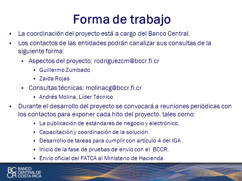 Forma de trabajo La coordinación del proyecto está a cargo del Banco Central.