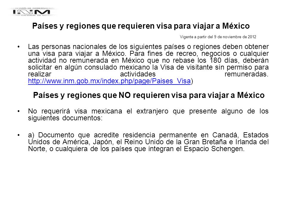 Países y regiones que requieren visa para viajar a México