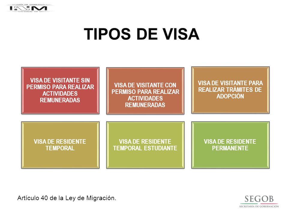 TIPOS DE VISA Artículo 40 de la Ley de Migración.