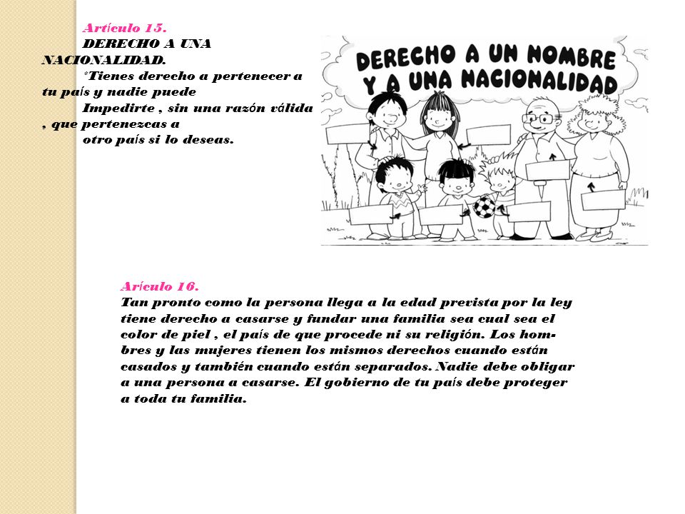 Artículo 15. DERECHO A UNA NACIONALIDAD. *Tienes derecho a pertenecer a tu país y nadie puede. Impedirte , sin una razón válida , que pertenezcas a.