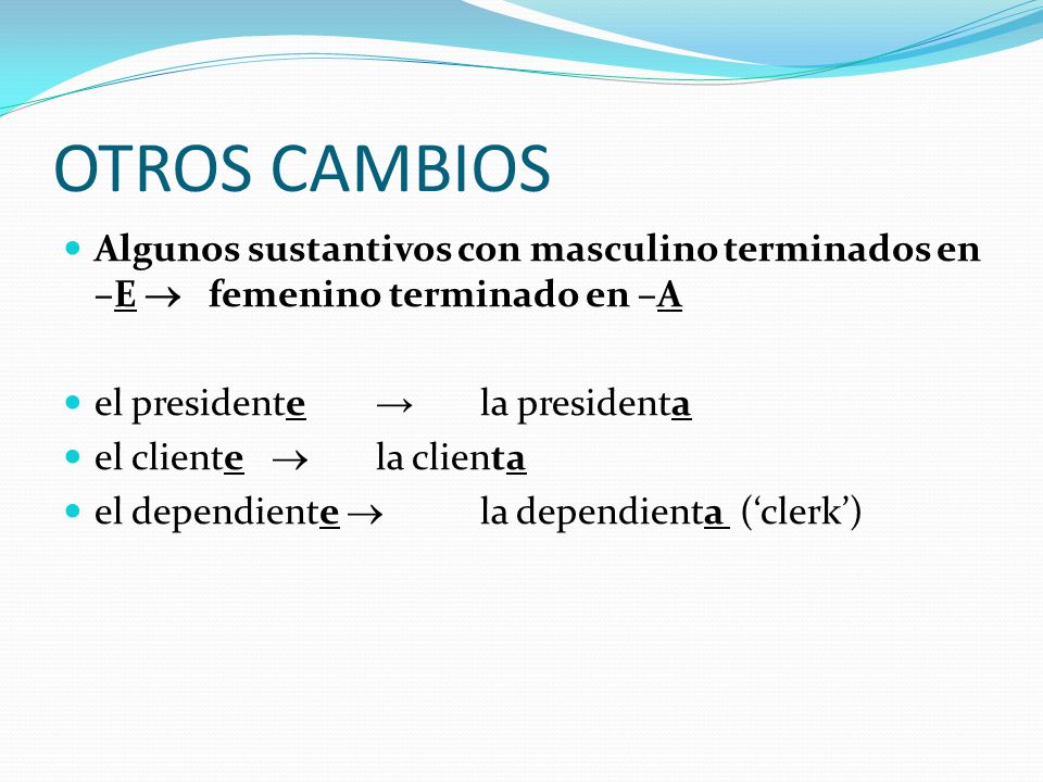 OTROS CAMBIOS Algunos sustantivos con masculino terminados en –E  femenino terminado en –A. el presidente → la presidenta.