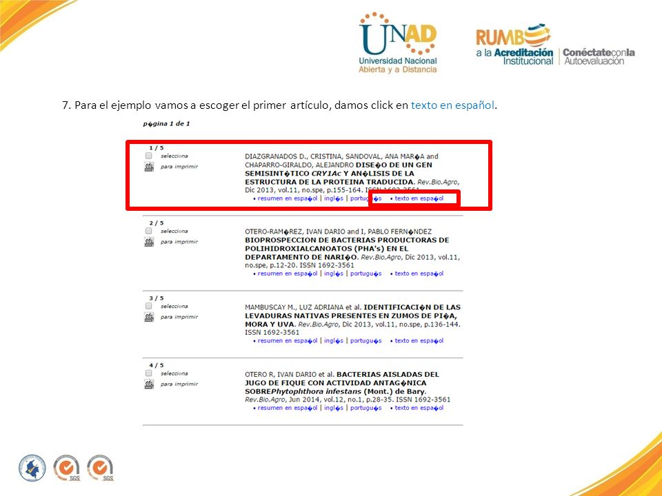 7. Para el ejemplo vamos a escoger el primer artículo, damos click en texto en español.
