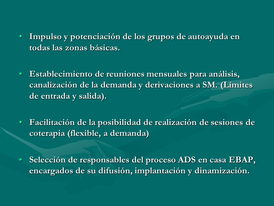 Impulso y potenciación de los grupos de autoayuda en todas las zonas básicas.