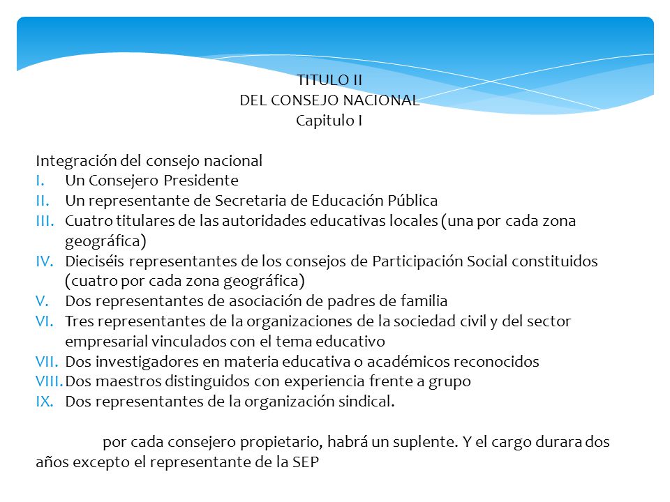 TITULO II DEL CONSEJO NACIONAL. Capitulo I. Integración del consejo nacional. Un Consejero Presidente.