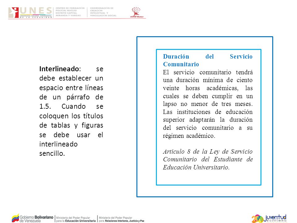 Interlineado: se debe establecer un espacio entre líneas de un párrafo de 1.5. Cuando se coloquen los títulos de tablas y figuras se debe usar el interlineado sencillo.