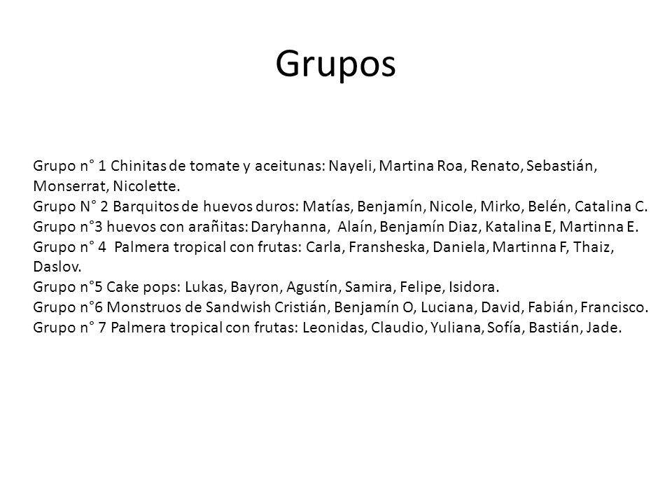 Grupos Grupo n° 1 Chinitas de tomate y aceitunas: Nayeli, Martina Roa, Renato, Sebastián, Monserrat, Nicolette.