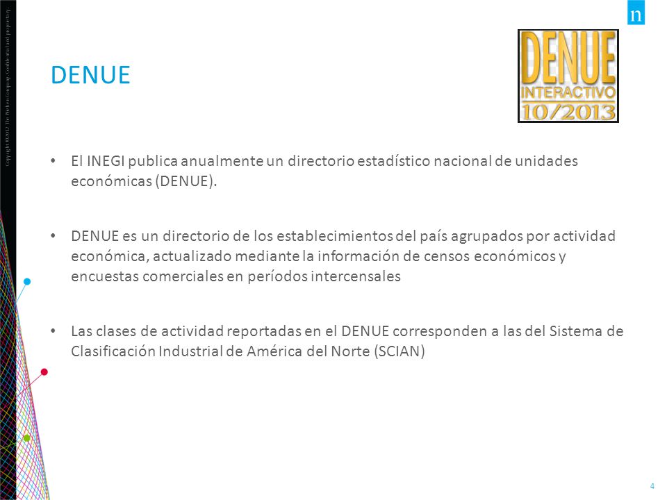denue El INEGI publica anualmente un directorio estadístico nacional de unidades económicas (DENUE).