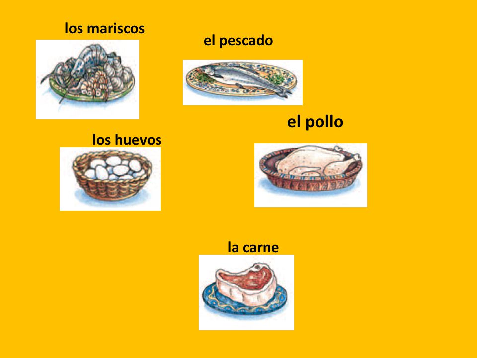 los mariscos el pescado el pollo los huevos la carne