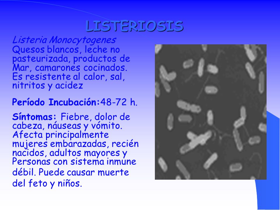 LISTERIOSIS Listeria Monocytogenes Quesos blancos, leche no