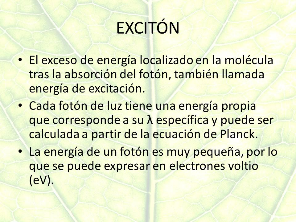 EXCITÓN El exceso de energía localizado en la molécula tras la absorción del fotón, también llamada energía de excitación.