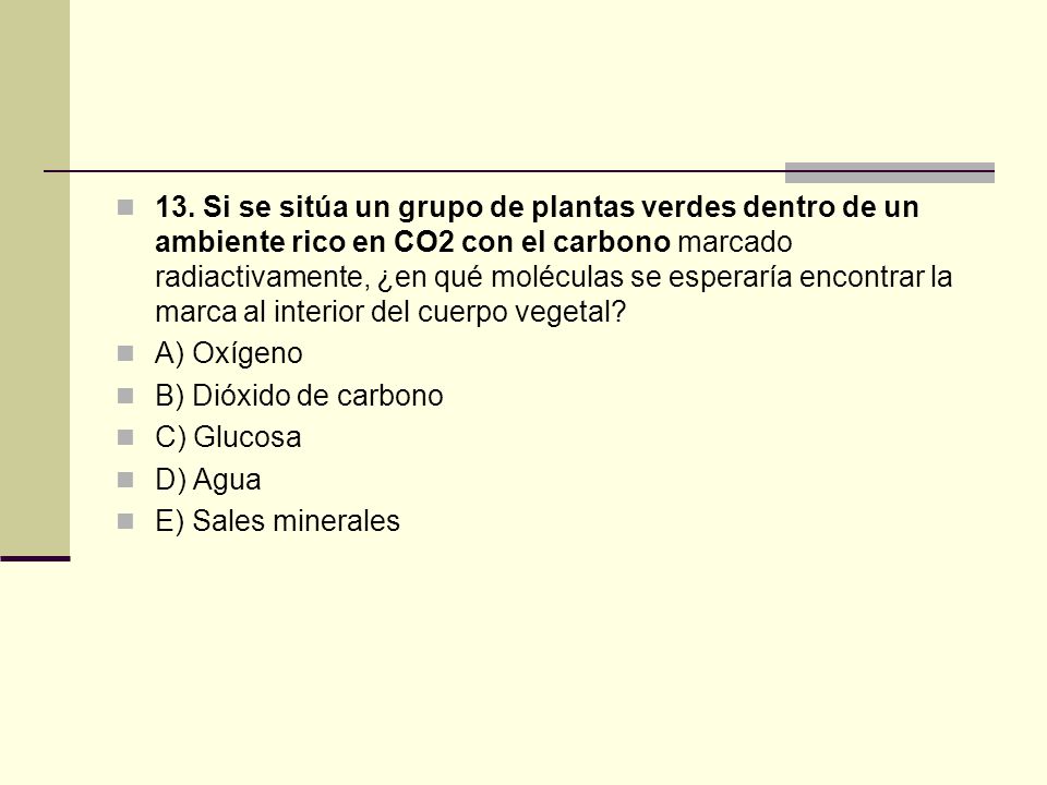 13. Si se sitúa un grupo de plantas verdes dentro de un ambiente rico en CO2 con el carbono marcado radiactivamente, ¿en qué moléculas se esperaría encontrar la marca al interior del cuerpo vegetal