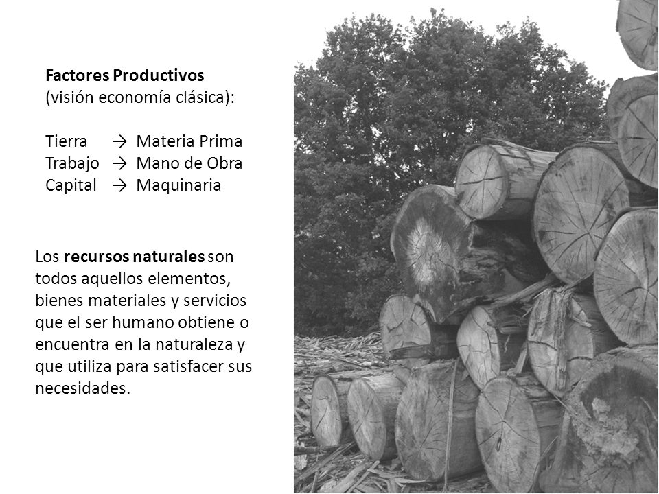 Factores Productivos (visión economía clásica): Tierra → Materia Prima. Trabajo → Mano de Obra.