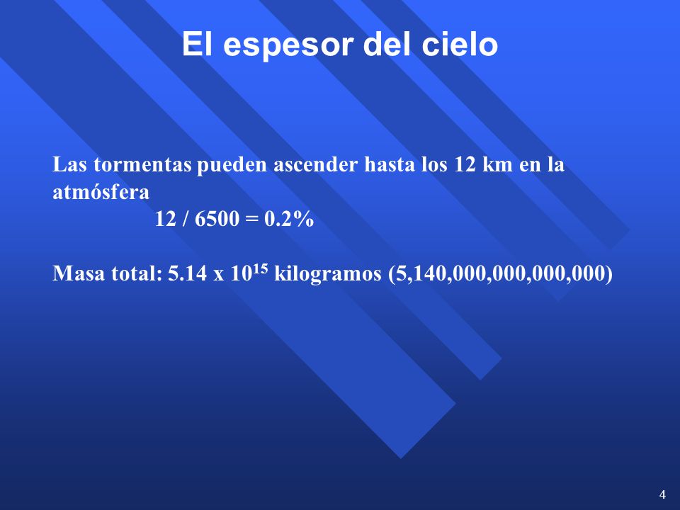 El espesor del cielo Las tormentas pueden ascender hasta los 12 km en la atmósfera. 12 / 6500 = 0.2%