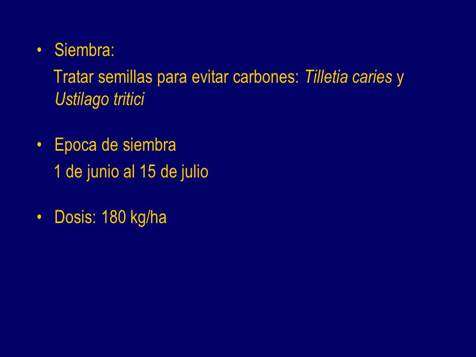 Siembra: Tratar semillas para evitar carbones: Tilletia caries y Ustilago tritici. Epoca de siembra.