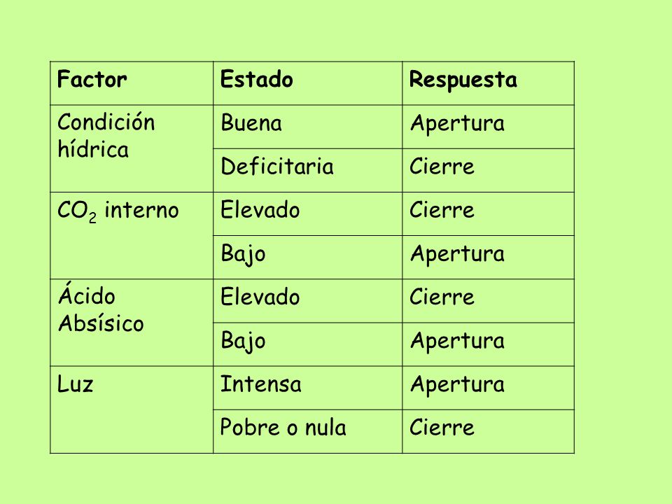 Factor Estado. Respuesta. Condición hídrica. Buena. Apertura. Deficitaria. Cierre. CO2 interno.