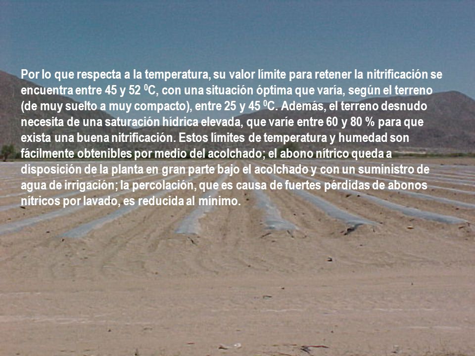 Por Io que respecta a la temperatura, su valor límite para retener la nitrificación se encuentra entre 45 y 52 0C, con una situación óptima que varía, según el terreno (de muy suelto a muy compacto), entre 25 y 45 0C.