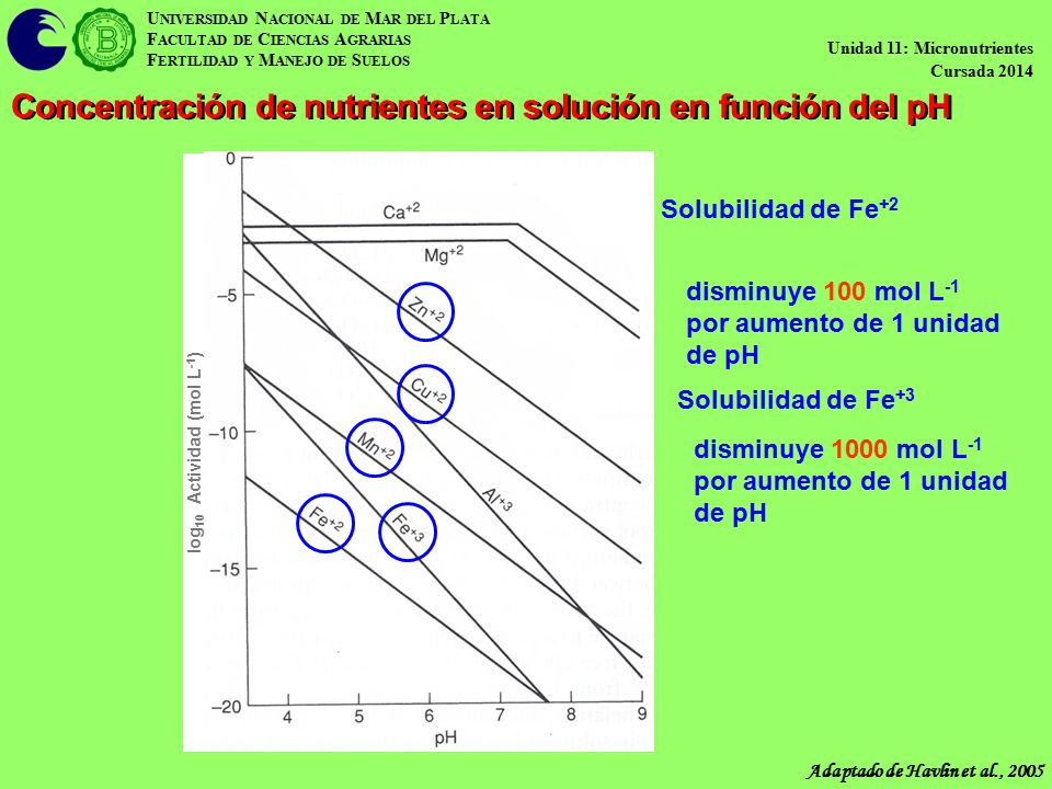 Concentración de nutrientes en solución en función del pH