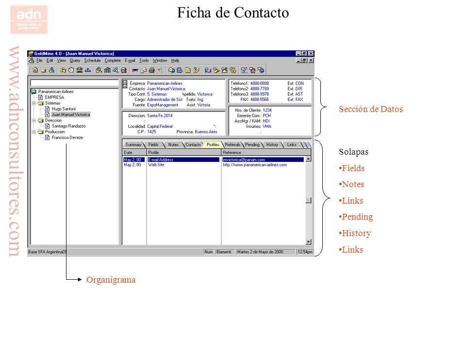 Ficha de Contacto Sección de Datos Solapas Fields Notes Links Pending