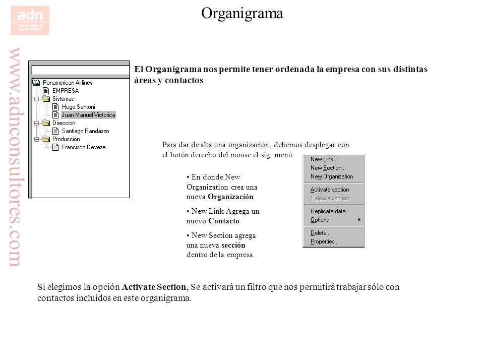 Organigrama El Organigrama nos permite tener ordenada la empresa con sus distintas áreas y contactos.