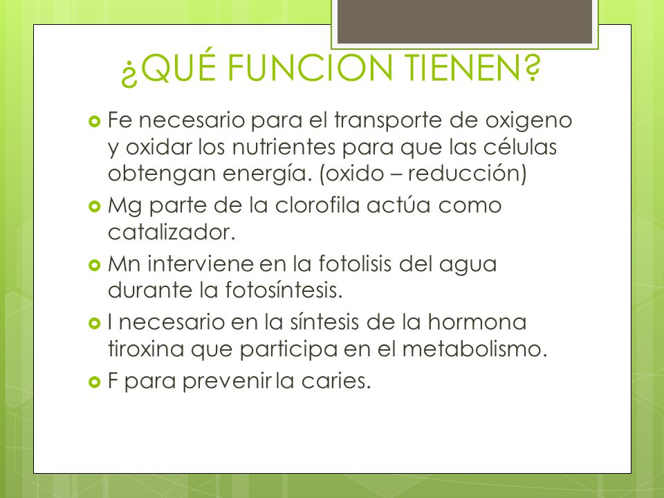 ¿QUÉ FUNCION TIENEN Fe necesario para el transporte de oxigeno y oxidar los nutrientes para que las células obtengan energía. (oxido – reducción)