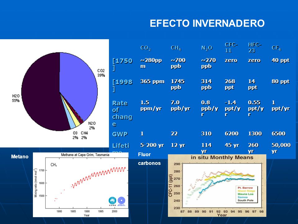 EFECTO INVERNADERO [1750] [1998] Rate of change GWP Lifetime CO2 CH4