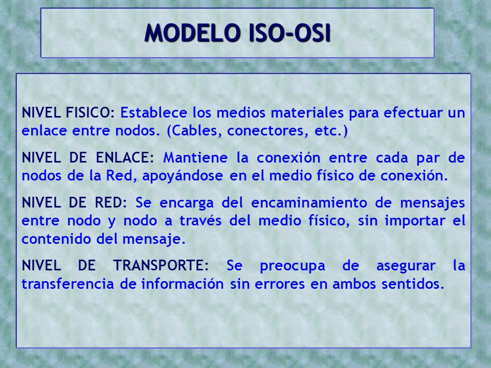 MODELO ISO-OSI NIVEL FISICO: Establece los medios materiales para efectuar un enlace entre nodos. (Cables, conectores, etc.)