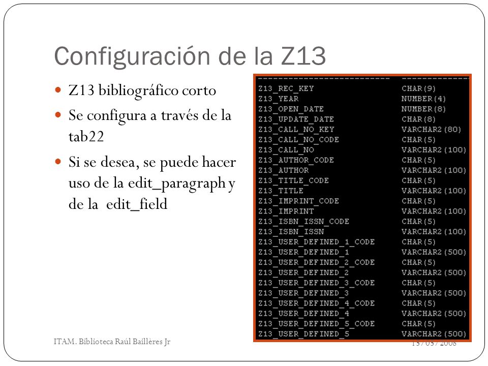 Configuración de la Z13 Z13 bibliográfico corto