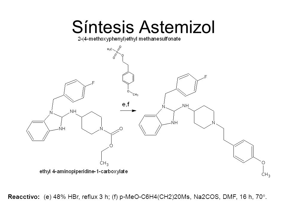 Síntesis Astemizol Reacctivo: (e) 48% HBr, reflux 3 h; (f) p-MeO-C6H4(CH2)20Ms, Na2COS, DMF, 16 h, 70°.