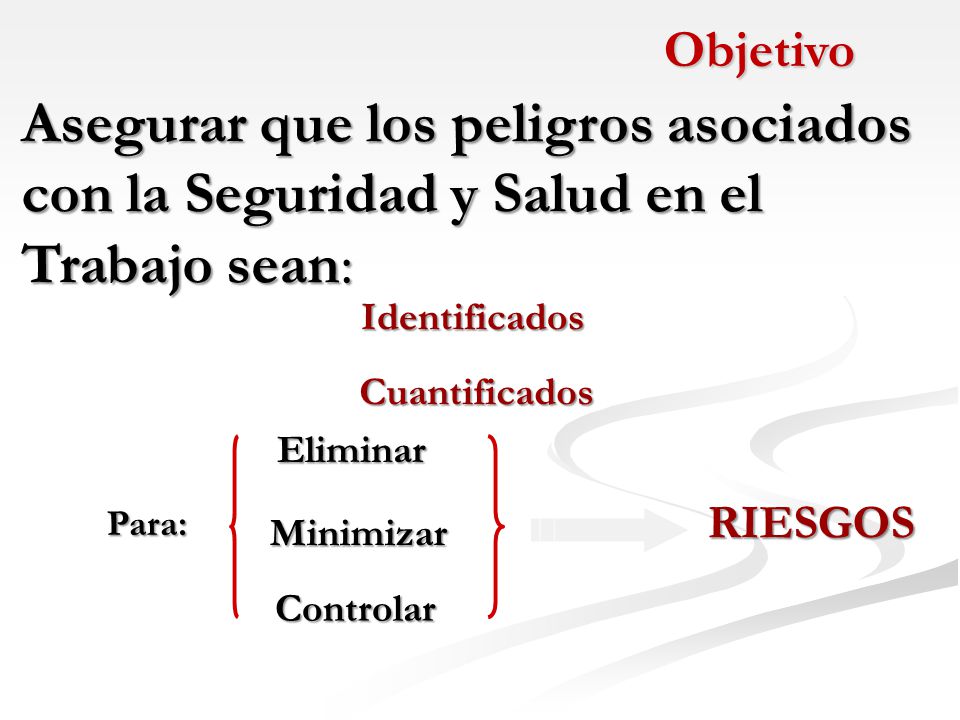 Objetivo Asegurar que los peligros asociados con la Seguridad y Salud en el Trabajo sean: Identificados.