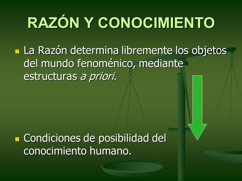 RAZÓN Y CONOCIMIENTO La Razón determina libremente los objetos del mundo fenoménico, mediante estructuras a priori.